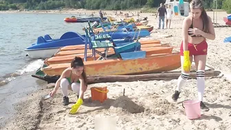 Making a sandcastle with my friend in bikini #5