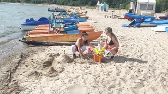 Making a sandcastle with my friend in bikini #8