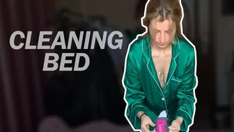 Making the bed in a BOLD pajama shirt