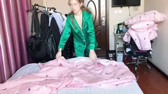 Making the bed in a BOLD pajama shirt #7