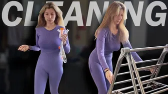 Cleaning the bathroom in a purple bodysuit