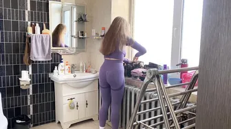 Cleaning the bathroom in a purple bodysuit #5