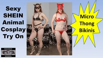 Sexy Shein Try On Haul Micro Bikini Crotchless Thong Animal Cosplay Lingerie Masked Model