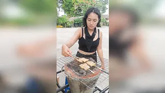 pretty thai girl is selling tasty pork BBQ #4