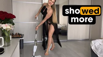 [4K USA Housewife]???????? How to clean a room? Transparent Haul blonde No Bra See Through Try On