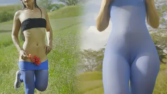 María en un hermoso campo verde nos modela una malla azul por cierto muy transparente / no pantie