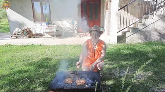 BBQ. Cooking on fire. Cooking in a mountain village. Mila naturist #10