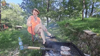 BBQ. Cooking on fire. Cooking in a mountain village. Mila naturist #6