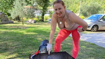 BBQ cleaning. Cooking in a mountain village. Mila naturist