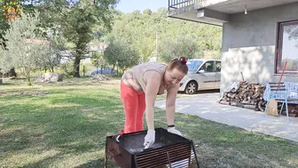 BBQ cleaning. Cooking in a mountain village. Mila naturist #2