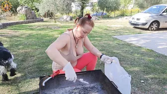 BBQ cleaning. Cooking in a mountain village. Mila naturist #6