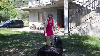 BBQ. Meat on fire. Cooking in a mountain village. Mila naturist #5