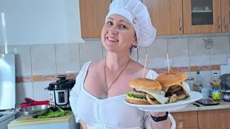 2 cutlets is always the best solution. Hamburger with 2 meat patties. Mila naturist. Kitchen.