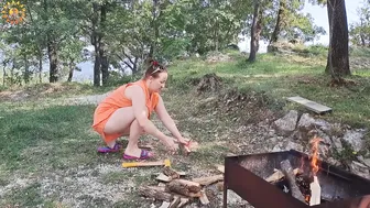 Wood cutting Mila. cooking on an open fire. Mila's Naturist Cooking. Mila naturist. #3