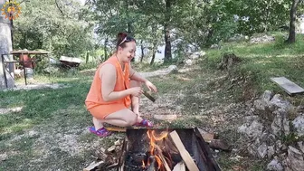 Wood cutting Mila. cooking on an open fire. Mila's Naturist Cooking. Mila naturist. #4