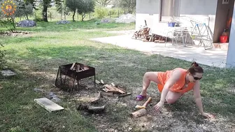 Wood cutting Mila. cooking on an open fire. Mila's Naturist Cooking. Mila naturist. #7