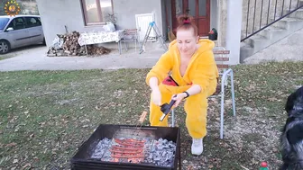 Sausages on fire. in a mountain village. cooking on an open fire. Mila naturist. #7