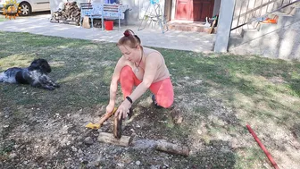 Chopping wood and lighting a barbecue. Cooking in a mountain village. BBQ. Mila naturist. #5