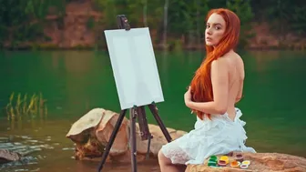 Backstage video with girls fiery red hair - no bra, topless