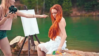 Backstage video with girls fiery red hair - no bra, topless #2