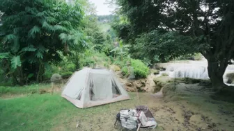 SOLO CAMPING GIRL - COOKING - BATHING IN A SUPER HUGE NATURAL WATERFALL | FULL ASMR 4K VIDEO #2