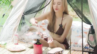 SOLO CAMPING GIRL - COOKING - BATHING IN A SUPER HUGE NATURAL WATERFALL | FULL ASMR 4K VIDEO #8