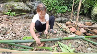 Pretty girl Camps alone under a rushing waterfall, relaxes, eats and sleeps in the forest overnight #4