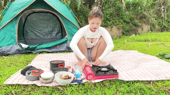 BEAUTIFUL GIRL CAMPING ON THE BANK OF A STREAM - BATHING IN THE STREAM AND ENJOYING COFFEE #3