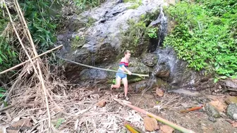 What's under the waterfall? Girl catching fish while camping #2