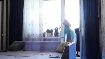 Transparent cleaning window sill With Tina in dress #10