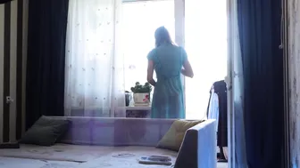 Transparent cleaning window sill With Tina in dress #9