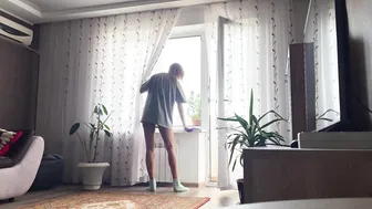 Tina in transparent dress cleaning in the home #8