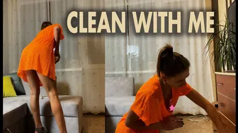 Fit girl Tina in dress cleaning in the home