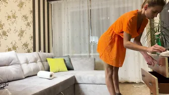 Fit girl Tina in dress cleaning in the home #10