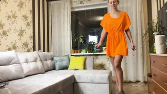 Fit girl Tina in dress cleaning in the home #3