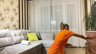 Fit girl Tina in dress cleaning in the home #7