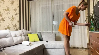 Fit girl Tina in dress cleaning in the home #8