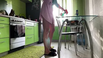 Tina in transparent dress cleaning in the kitchen #4