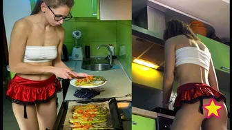 Girl cooking asparagus in short skirt