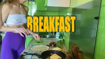 Girl cooking breakfast in leggings and white top