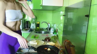 Girl cooking breakfast in leggings and white top #6