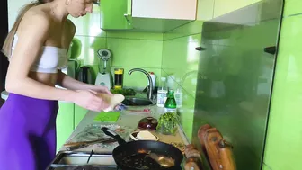 Girl cooking breakfast in leggings and white top #9