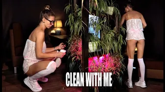 Girl cleaning the home plants #1