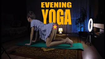 Girl doing evening yoga in short dress