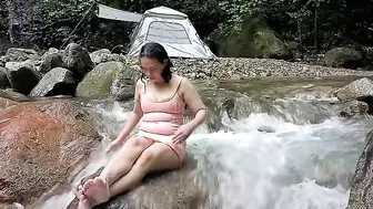 Camping Alone on the River bank near a Hidden Waterfall in the Forest, Cool and Natural Mountain air #9