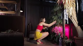 Girl in short skirt cleaning houseplant #4