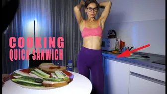 Tina girl cooking quick sandwich in leggings