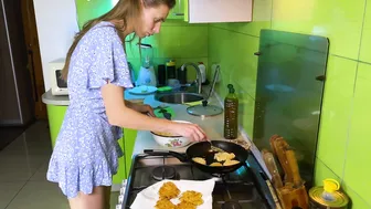 Cooking pancakes in short dress no bra #9