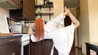 Home workout and stretching in a bathrobe after a shower #9