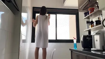 WHITE TRANSPARENT DRESS CLEANING THE WINDOW #6